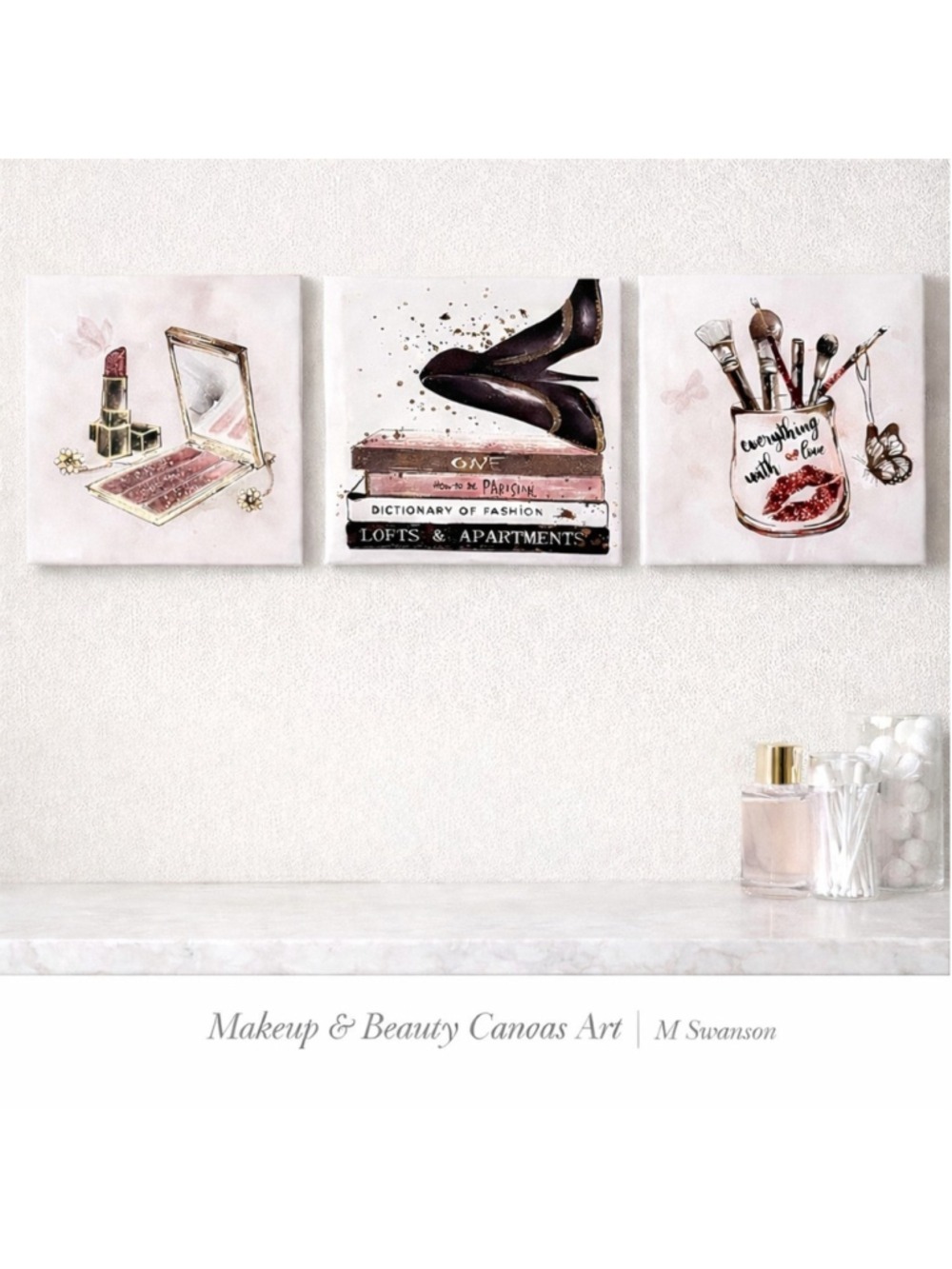 NEW Beauty Theme Canvas Wall Art 8”×8” Contemporary Pink & Gold Glam 3-Piece Set